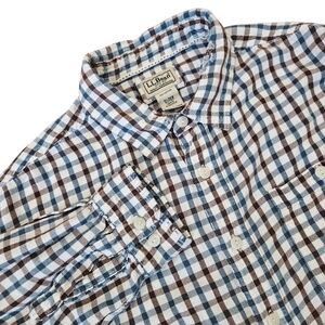 LL Bean Button Up Shirt Adult XL Brown Blue Plaid Flannel Long Sleeve Mens